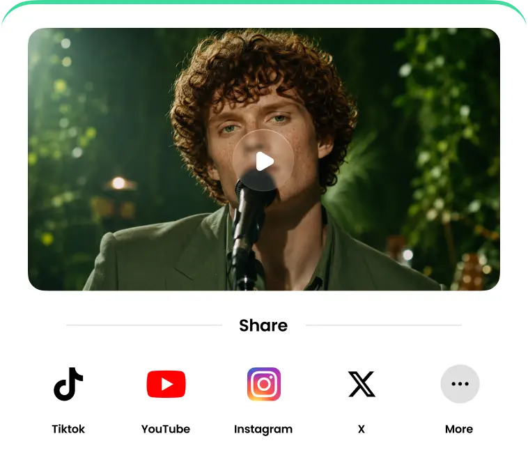 Generated music video preview with share options for social platforms